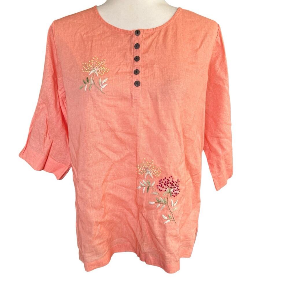 M Collection 100% Linen Top Floral Embroidery Orange Button Front Sz 16 Boho